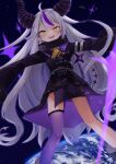  1girl absurdres ahoge akebisousaku ascot black_horns braid braided_bangs collar earth_(planet) grey_hair highres hololive horns la+_darknesss la+_darknesss_(1st_costume) long_hair metal_collar multicolored_hair open_mouth planet pointy_ears purple_hair purple_thighhighs single_thighhigh smile solo streaked_hair striped_horns thighhighs virtual_youtuber yellow_ascot yellow_eyes 