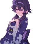  1girl blue_archive blush closed_mouth floral_print flower frilled_sleeves frills hair_between_eyes hair_flower hair_ornament hairband hands_on_own_chest haruka_(blue_archive) haruka_(new_year)_(blue_archive) highres japanese_clothes kimono looking_at_viewer obi purple_eyes purple_flower purple_hair purple_kimono sash short_hair_with_long_locks simple_background solo tsuno_(tnngur) white_background wide_sleeves 