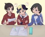  3boys :d :o ? backwards_hat baseball_cap black_shirt blue_jacket brown_eyes brown_hair buttons calem_(pokemon) collared_shirt commentary_request ethan_(pokemon) hat highres holding jacket long_sleeves looking_down male_focus multiple_boys open_mouth paper pencil_case pointing pokemon pokemon_(game) pokemon_hgss pokemon_swsh pokemon_xy red_jacket red_shirt sana_(37pisana) shirt short_hair sleeves_rolled_up smile spoken_question_mark sweatdrop table teeth tongue upper_teeth_only victor_(pokemon) yellow_background 