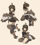  1girl absurdres ahoge bare_back bare_shoulders bird_legs bird_tail black_eyes black_skirt blush breasts brown_feathers brown_hair brown_wings colored_sclera commentary english_commentary feathers gomulgong grey_feathers harpy highres looking_at_viewer medium_hair miniskirt monster_girl multiple_views orange_sclera original owl_girl skirt sleeveless small_breasts tail tail_feathers talons winged_arms wings 