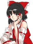  1girl bare_shoulders black_eyes black_hair blunt_bangs bow commentary_request detached_sleeves fingernails frills frown glaring hair_bow hair_tubes hakurei_reimu hand_on_own_cheek hand_on_own_face hand_up highres korean_commentary kuya_(hey36253625) long_sleeves nostrils red_bow simple_background sketch solo touhou white_background 