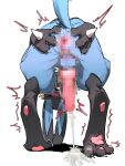  2023 anthro anus blue_butt blue_ears blue_tail blush bodily_fluids butt censored claws cum cumshot ejaculation eyes_closed generation_4_pokemon genital_fluids genitals hand_on_butt hands-free hi_res holding_butt lucario male nintendo open_mouth pawpads penis pink_pawpads pokemon pokemon_(species) ptkd rear_view solo spread_butt spreading tail 
