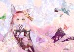  1girl absurdres animal_ears artist_name azur_lane bare_shoulders black_gloves blush cherry_blossoms closed_mouth commentary_request detached_sleeves flower fox_ears fox_girl fox_tail gloves green_eyes hair_flower hair_ornament hairband hairpin hanazuki_(azur_lane) highres japanese_clothes kimono long_hair nako_nya obi origami paper_butterfly paper_crane pink_hair pink_kimono red_hairband sash signature smile solo standing tail upper_body very_long_hair wind wind_lift 