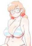  1girl absurdres ahoge arms_at_sides bare_shoulders bikini blue_bikini blue_eyes body_freckles breasts cleavage collarbone colo_(nagrolaz) commentary english_commentary freckles front-tie_bikini_top front-tie_top glasses hair_bobbles hair_ornament halterneck highres large_breasts light_blush long_hair looking_at_viewer low_twintails navel no_pupils open_mouth orange_hair red-framed_eyewear rita_(sweethex) simple_background sitting solo straight_hair striped striped_bikini sweethex swimsuit twintails two-tone_bikini upper_body white_background white_bikini 