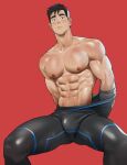  1boy abs absurdres bara black_bodysuit black_hair blush bodysuit bodysuit_pull bulge closed_mouth highres large_pectorals looking_at_viewer male_focus muscular muscular_male naoki_(xhju8282) navel nipples original pectorals red_background short_hair simple_background solo 