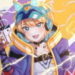  1girl :3 animal_ear_headphones animal_ears animification apex_legends blonde_hair blue_eyes blue_headwear cat_ear_headphones collarbone electricity energy_reader_(apex_legends) fake_animal_ears gloves glowing head_tilt headphones highres holding jacket kopei looking_at_viewer official_alternate_costume portrait purple_gloves purple_jacket purple_lips shirt short_hair smile solo thunder_kitty_wattson visor_cap wattson_(apex_legends) white_shirt 