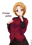  1girl :o absurdres black_skirt blue_eyes braid character_name finger_to_mouth girls_und_panzer highres inaka_pan jacket light_blush long_sleeves looking_at_viewer military_uniform miniskirt open_mouth orange_hair orange_pekoe_(girls_und_panzer) pleated_skirt red_jacket short_hair simple_background skirt solo st._gloriana&#039;s_military_uniform standing twin_braids twitter_username uniform white_background 