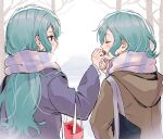  2girls aqua_hair bag bang_dream! blue_scarf blush brown_jacket candy chocolate closed_eyes closed_mouth commentary feeding food green_eyes handbag heart heart-shaped_chocolate hikawa_hina hikawa_sayo jacket long_hair long_sleeves looking_at_viewer multiple_girls open_mouth outdoors purple_jacket scarf school_bag short_hair shoulder_bag siblings sidelocks sisters twins unmoving_pattern upper_body zihacheol 