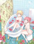  2girls absurdres akua_(bukuma) animal_ears barefoot bath bath_stool blonde_hair breasts bubble cat_ears cat_tail commission completely_nude curtains flower green_eyes hair_bun highres mirror multiple_girls nipples nude open_mouth original pink_hair pixiv_commission red_flower red_rose rose sitting smile stool tail take_your_pick tile_floor tile_wall tiles toes water yuri 
