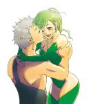  1boy 1girl aged_up breasts detached_sleeves earrings edward_geraldine final_fantasy final_fantasy_iv final_fantasy_iv:_the_after_years green_eyes green_hair green_leotard hug jewelry leotard long_hair open_mouth rydia_(ff4) simple_background smile thighhighs white_background yakisake_arimasu 