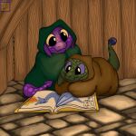  ambiguous_gender anthro book clothed clothing dragon duo foxenawolf green_body green_scales purple_body purple_scales scales tail 