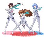  3girls ass ayanami_rei blue_eyes blue_hair blue_scarf breasts brown_hair closed_mouth commentary_request evangelion:_3.0+1.0_thrice_upon_a_time from_behind glasses grin highres long_hair makinami_mari_illustrious medium_breasts multiple_girls neon_genesis_evangelion official_alternate_costume plugsuit rebuild_of_evangelion red-framed_eyewear red_eyes sasihmi scarf short_hair smile souryuu_asuka_langley white_background 