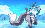  &lt;3 animal_genitalia animal_penis anthro areola balls beach big_balls big_breasts blue_areola blue_eyes blue_hair blue_nipples breasts canid canine canis detailed_background fingers fur genitals grey_body grey_fur gynomorph hair hi_res inner_ear_fluff intersex lari.ros long_tail mammal multicolored_body multicolored_fur nipples nude outside partially_submerged penis sea seaside sheath sky solo tail tuft water white_body white_fur white_inner_ear_fluff wolf 