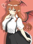  1girl absurdres bat_wings black_necktie black_skirt breasts collared_shirt commentary frilled_skirt frills head_wings heart highres koakuma large_breasts long_hair multiple_wings necktie no_vest one-hour_drawing_challenge pointy_ears red_background red_eyes red_hair red_nails shirokumall shirt short_sleeves simple_background skirt solo touhou white_shirt wings 
