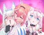  3girls animal_ears blonde_hair blue_eyes breasts chain cleavage collar collarbone dog_ears fingerless_gloves fuwawa_abyssgard gloves hair_between_eyes hair_ornament hairclip head_wings headband headphones heart heart-shaped_pupils hololive hololive_english jacket licking long_hair long_sleeves mococo_abyssgard multiple_girls open_mouth pink_background pokosou red_eyes red_hair short_hair symbol-shaped_pupils takane_lui tongue tongue_out virtual_youtuber wings 