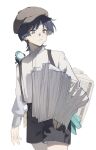  1boy alternate_costume animal_on_shoulder bird bird_on_shoulder black_shorts blue_eyes brown_headwear closed_mouth genshin_impact hat highres holding holding_newspaper long_sleeves male_focus newspaper scaramouche_(genshin_impact) shirt shorts simple_background solo suspender_shorts suspenders suyoko01 white_background white_shirt 