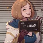  1girl barbie_mugshot_(meme) blue_eyes blush breasts brown_gloves character_name cleavage commentary english_commentary english_text evomanaphy fire_emblem fire_emblem_awakening fire_emblem_heroes freckles gloves height_chart height_mark highres holding holding_sign hood hood_down kiran_(female)_(fire_emblem) kiran_(fire_emblem) large_breasts looking_at_viewer meme mugshot one_eye_closed open_mouth parted_bangs shadow short_hair sideways_glance sign solo star_(symbol) teeth tongue upper_body v 