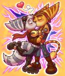  blush boots couple french_kiss goggles goggles_on_head heart highres kiss lombax luchosfactory mechanical_arms ratchet_&amp;_clank ratchet_&amp;_clank:_rift_apart ratchet_(ratchet_&amp;_clank) rivet_(ratchet_&amp;_clank) scarf ship single_mechanical_arm standing standing_on_one_leg watercraft 