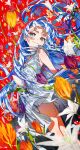  1girl blue_dress blue_eyes blue_flower blue_hair breasts cleavage closed_mouth colorful dress falling_flower falling_petals floating_hair flower hair_between_eyes highres leaf light_blue_dress light_blush lily_(flower) long_hair looking_at_viewer looking_to_the_side mika_pikazo multicolored_eyes original petals purple_flower purple_tulip red_background red_flower sidelocks sleeveless sleeveless_dress small_breasts smile solo spider_lily standing very_long_hair white_flower white_lily yellow_flower yellow_spider_lily 