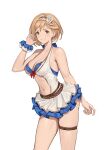  1girl bikini bikini_top_only blonde_hair blue_bikini breasts brown_eyes cleavage closed_mouth clothing_cutout commission djeeta_(granblue_fantasy) djeeta_(summer)_(granblue_fantasy) english_commentary flower granblue_fantasy hair_flower hair_ornament hairband halterneck hand_up hibiscus highres jonbur_man layered_skirt layered_swimsuit looking_at_viewer medium_breasts navel o-ring o-ring_bikini official_alternate_costume pixiv_commission scrunchie short_hair skirt smile solo stomach_cutout swimsuit thigh_strap white_background white_hairband wrist_scrunchie 