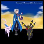  1boy anniversary black_footwear black_pants blonde_hair blue_coat blue_gloves boots closed_mouth coat commentary_request copyright_name espeon gloves highres looking_to_the_side male_focus pants poke_ball poke_ball_(basic) pokemon pokemon_(creature) pokemon_(game) pokemon_colosseum shiogi_(riza_49) short_hair single_shoulder_pad standing umbreon wes_(pokemon) yellow_eyes 