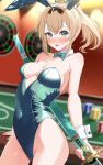  1girl alternate_costume animal_ears bare_shoulders blonde_hair blush bow bowtie breasts casino casino_card_table covered_navel cowboy_shot dartboard detached_collar fake_animal_ears green_bow green_bowtie green_eyes green_leotard hair_between_eyes highres holding holding_sword holding_weapon hololive kazama_iroha leotard looking_at_viewer medium_breasts medium_hair mogmog_megmog playboy_bunny poker_chip ponytail sheath sheathed solo sword table virtual_youtuber weapon wrist_cuffs 