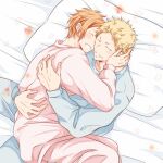 2boys 961_masashi bed blonde_hair blue_pajamas blush closed_eyes cuddling given hug kaji_akihiko male_focus mouth_piercing multiple_boys nakayama_haruki pajamas piercing pillow pink_pajamas smile yaoi 