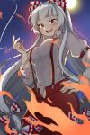  1girl :d \||/ blunt_bangs bow breasts cigarette contrapposto cowboy_shot fire fujiwara_no_mokou full_moon grey_hair hair_bow hand_on_own_hip highres holding holding_cigarette juliet_sleeves large_breasts long_hair long_sleeves looking_at_viewer moon night night_sky pants puffy_sleeves red_eyes red_pants sasayumi_tsubaki shirt sky smile smoking solo star_(sky) suspenders teeth torn_clothes touhou upper_teeth_only very_long_hair white_shirt 