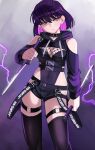  artist_name black_collar black_shorts black_thighhighs breasts collar dagger dual_wielding english_commentary highres holding holding_dagger holding_knife holding_weapon hood hood_down jourd4n knife lightning minori_yume_(jourd4n) original pink_eyes purple_hair short_hair shorts small_breasts thighhighs weapon 