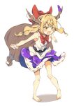  1girl absurdres angry bare_legs barefoot belt black_belt blonde_hair blush bow bowtie commentary_request fang flat_chest full_body hair_bow highres horn_ornament horn_ribbon horns ibuki_suika long_hair looking_afar low-tied_long_hair medium_bangs open_mouth pigeon-toed pointy_ears purple_ribbon purple_skirt red_bow red_bowtie ribbon ribbon-trimmed_skirt ribbon_trim seika_okawari shirt shouting simple_background skirt sleeveless sleeveless_shirt solo torn_clothes torn_shirt touhou v-shaped_eyebrows very_long_hair white_background white_shirt wrist_cuffs yellow_eyes 