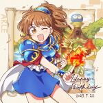  1girl ;d arle_nadja armor blue_skirt breastplate brown_eyes brown_hair cape character_name dated film_grain happy_birthday hitopm holding holding_staff index_finger_raised looking_at_viewer one_eye_closed open_mouth puyo_(puyopuyo) puyopuyo scroll short_sleeves shoulder_armor skirt smile solo staff waku_waku_puyo_dungeon white_cape 