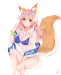  1girl absurdres animal_ear_fluff animal_ears bikini bikini_under_clothes blue_bikini blush breasts cleavage closed_mouth collarbone fang fate/grand_order fate_(series) fox_ears fox_girl fox_print fox_tail highres large_breasts long_hair looking_at_viewer pink_hair sd4869 see-through see-through_shirt shirt side-tie_bikini_bottom signature simple_background solo swimsuit t-shirt tail tamamo_(fate) tamamo_no_mae_(swimsuit_lancer)_(fate) tamamo_no_mae_(swimsuit_lancer)_(second_ascension)_(fate) very_long_hair wet wet_clothes wet_shirt white_background 