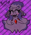  anthro apollysabyss blush blush_lines breasts clothing dated eyelashes eyes_closed fangs female generation_4_pokemon ghost gloves_(marking) grey_body grey_clothing grey_hair hair happy markings mismagius multicolored_body nintendo open_mouth open_smile pokemon pokemon_(species) purple_body purple_clothing purple_hair red_body red_clothing signature smile solo spirit teeth tongue two_tone_body 