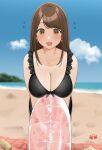  1girl bare_shoulders beach beach_mat black_one-piece_swimsuit blue_sky blurry blurry_background blush breasts brown_eyes brown_hair casual_one-piece_swimsuit cloud collarbone commentary_request crab day earrings flying_sweatdrops highres horizon innertube jewelry large_breasts leaning_forward long_hair looking_at_viewer lotion mountain ocean ol-chan_(ol_mahonanoka) ol_mahonanoka one-piece_swimsuit open_mouth original outdoors sand shore sky smile solo sunscreen swept_bangs swimsuit water 