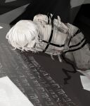  1girl blood blood_stain faust_(limbus_company) half-closed_eyes limbus_company naughty_0b on_ground project_moon solo straitjacket white_hair writing writing_on_wall 