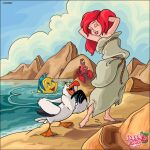  1girl ariel_(disney) artist_logo artist_name beach bird blue_sky closed_eyes cloud cloudy_sky day fish flounder_(the_little_mermaid) highres lobster long_hair makeshift_dress open_mouth outdoors ppg2009 red_hair scuttle_(disney) sebastian_(disney) sky water watermark 