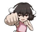  1girl :3 animal_ears brown_eyes brown_hair clenched_hands commentary flat_chest floppy_ears hair_between_eyes highres inaba_tewi incoming_attack incoming_punch long_bangs looking_at_viewer open_mouth pink_tank_top punching rabbit_ears rabbit_girl rabbit_tail short_hair simple_background smile solo tail tank_top thick_eyebrows touhou transparent_background ttzl upper_body v-shaped_eyebrows 