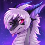  1:1 ambiguous_gender dragon face_only grey_body hair horn looking_at_viewer multicolored_body one_eye_closed pink_eyes pupils purple_eyes rukifox slit_pupils solo tongue tongue_out white_hair 