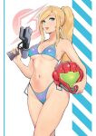  1girl absurdres bikini blonde_hair blue_bikini blue_eyes gun headwear_removed helmet helmet_removed highres holding holding_gun holding_weapon jetblaackk logo metroid navel no_headwear ponytail samus_aran swimsuit thong weapon white_background 