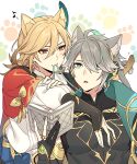  2boys :3 ahoge alhaitham_(genshin_impact) animal_ear_fluff animal_ears bangs black_gloves black_shirt blonde_hair blush book cable cape cat_boy cat_ears cat_tail closed_mouth commentary_request earrings eighth_note eyelashes fang fingerless_gloves genshin_impact gloves gold_trim green_cape green_eyes green_hair grey_hair hair_between_eyes hair_over_one_eye hand_up highres holding holding_book intertwined_tails jewelry kaveh_(genshin_impact) kokotendon long_hair long_sleeves looking_at_another looking_at_viewer male_focus mouth_hold multicolored_hair multiple_boys musical_note open_book open_mouth parted_bangs partially_fingerless_gloves paw_print paw_print_background red_cape red_eyes shirt short_hair shoulder_cape sidelocks simple_background sleeveless sleeveless_shirt smile swept_bangs tail tassel upper_body white_background white_shirt 