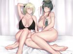  2girls arm_behind_head artist_name bare_legs bare_shoulders barefoot black_tank_top blush breasts closed_mouth collarbone crop_top de_lacey_(neural_cloud) feet girls&#039;_frontline girls&#039;_frontline_neural_cloud green_hair hair_ornament hairclip hanying_(punishing:_gray_raven) highres large_breasts legs light_smile lips long_hair looking_at_viewer mole mole_under_mouth multiple_girls one_eye_closed open_mouth parted_lips punishing:_gray_raven simple_background sitting smol tank_top thighs toes 