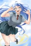 1girl absurdres blue_eyes blue_hair boku_no_hero_academia breasts collared_shirt fengling_(furin-jp) floating hadou_nejire hair_flowing_over hair_spread_out highres light_blue_hair long_hair looking_at_viewer necktie open_mouth pleated_skirt school_uniform shirt skirt smile solo very_long_hair white_shirt 