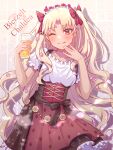  1girl alcohol alternate_costume beer beer_mug blonde_hair blush cup dark-skinned_female dark_skin dress ereshkigal_(fate) ereshkigal_alter_(fate) fate/grand_order fate_(series) german_clothes german_text hair_ribbon head_wreath highres mug official_alternate_costume red_eyes red_ribbon ribbon satsu_oekaki shirt solo white_shirt 