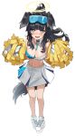  1girl absurdres animal_ears bare_shoulders black_hair blue_archive blue_eyes blush breasts cheerleader collarbone commentary_request crop_top dog_ears dog_girl dog_tail eyewear_on_head full_body goggles goggles_on_head halo hibiki_(blue_archive) hibiki_(cheer_squad)_(blue_archive) highres holding holding_pom_poms kagemoe1003 long_hair looking_at_viewer midriff millennium_cheerleader_outfit_(blue_archive) miniskirt navel official_alternate_costume open_mouth pleated_skirt pom_pom_(cheerleading) shoes simple_background skirt smile solo standing star_sticker sticker_on_arm sticker_on_face stomach tail text_print wavy_mouth white_background white_skirt yellow_halo 