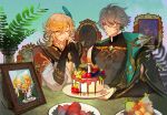  2boys ahoge alhaitham_(genshin_impact) aqua_eyes blonde_hair blue_feathers cake candle closed_eyes closed_mouth family feather_hair_ornament feathers food genshin_impact grey_hair hair_ornament headphones highres jiangmuluo kaveh_(genshin_impact) leaf looking_at_another multiple_boys picture_frame sitting smile 