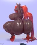  anthro ass_clapping big_breasts big_butt breasts brown_body brown_fur butt clothing crouching equid equine female footwear fur green_eyes hair hi_res high_heels huge_butt looking_at_viewer mammal nude onomatopoeia rear_view red_hair side_boob solo sound_effects sylviajo text thick_thighs twerking 