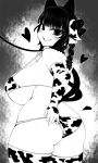  1girl animal_ears animal_print ass bikini blunt_bangs blush braid breasts cat_ears cat_girl commentary_request cow_ears cow_print cowboy_shot curvy elbow_gloves extra_ears gloves greyscale haseru_(ginku_mh) heart huge_breasts kaenbyou_rin looking_at_viewer looking_back medium_hair monochrome nekomata open_mouth pointy_ears side_braid sideboob sidelocks smile solo swimsuit thighhighs touhou 