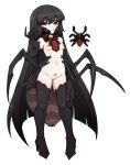  1girl arthropod_girl black_footwear black_hair black_recluse_(terraria) boots breasts bug claws english_commentary female_pubic_hair hair_between_eyes highres long_hair looking_at_viewer monster_girl navel nipples nyong_nyong pale_skin personification petite pubic_hair pussy red_eyes reference_inset simple_background small_breasts spider spider_girl terraria thigh_boots topless very_long_hair white_background 