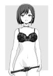  1girl arms_at_sides blunt_ends blush bob_cut border bra breasts chikaneki choker clothes_pull collarbone commentary cowboy_shot female_pubic_hair frown grey_background greyscale lace lace_bra lace_panties lingerie looking_at_viewer medium_breasts monochrome navel open_mouth outside_border panties panty_pull project_sekai pubic_hair pulled_by_self raised_eyebrows shinonome_ena short_hair simple_background solo standing sweatdrop thigh_gap thumb_in_beltline underwear underwear_only undressing white_border 