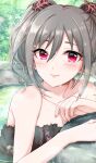  1girl black_towel blush breasts cleavage collarbone grey_hair highres idolmaster idolmaster_cinderella_girls kanzaki_ranko light_smile looking_at_viewer naked_towel onsen outdoors parted_lips partially_submerged popon_ta red_eyes solo towel twintails water_drop 